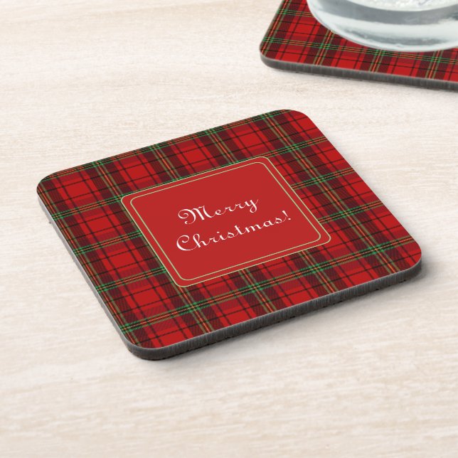 Red Black Green Cosy Plaids Merry Christmas Coaster (Left Side)
