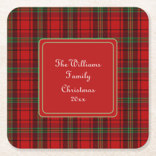 Red Black Green Cosy Plaids - Name Square Paper Coaster