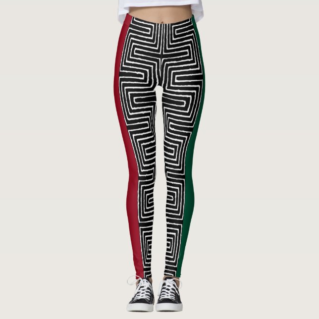 Red Black Green Maze African Mud Cloth Leggings (Front)