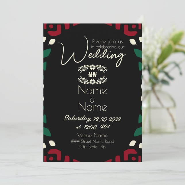 Red Black Green Tribal African Wedding Invitation (Standing Front)