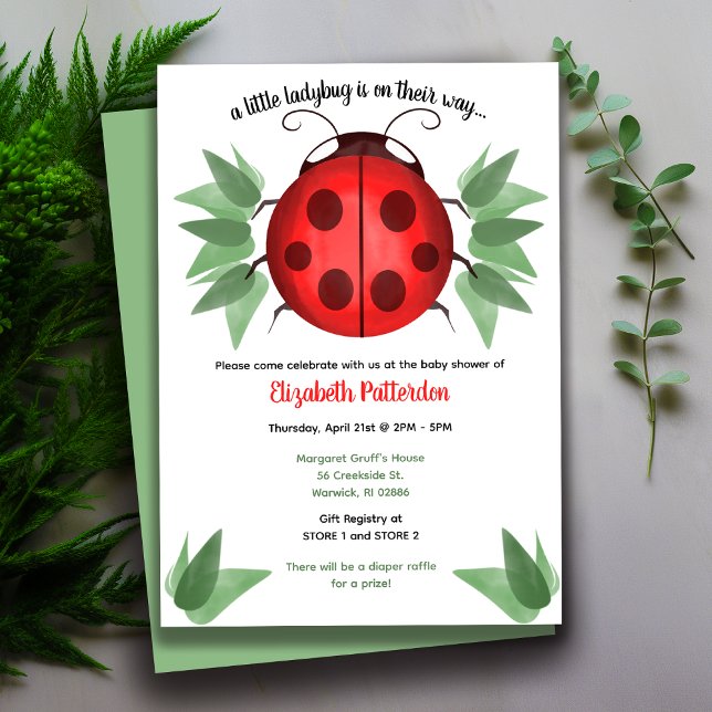 Red, Black, Green Watercolor Ladybug Baby Shower Invitation (Watercolor Ladybug Baby Shower Invitation)