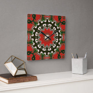 Red Black Green & White Groovy Mandala Square Wall Clock