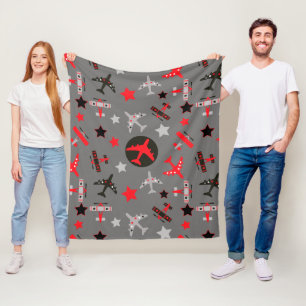 Red Black Grey Aeroplanes Pattern Large Fleece Blanket