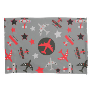 Red Black Grey Aeroplanes Pattern Pillowcase