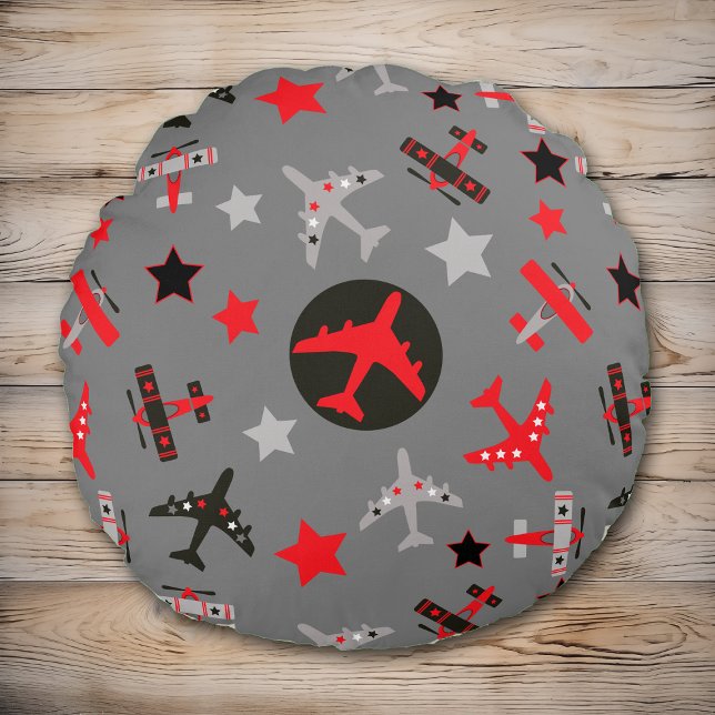 Red Black Grey Aeroplanes Pattern Round Cushion (Creator Uploaded)