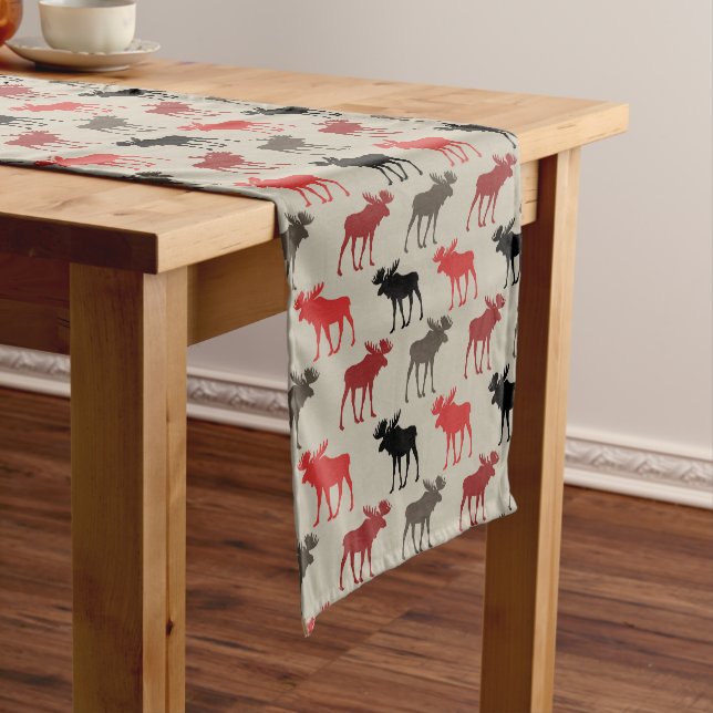 Red Black Grey Moose Pattern Short Table Runner (In Situ)
