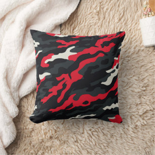 Red Black Grey White Camouflage Camo Pattern Cushion