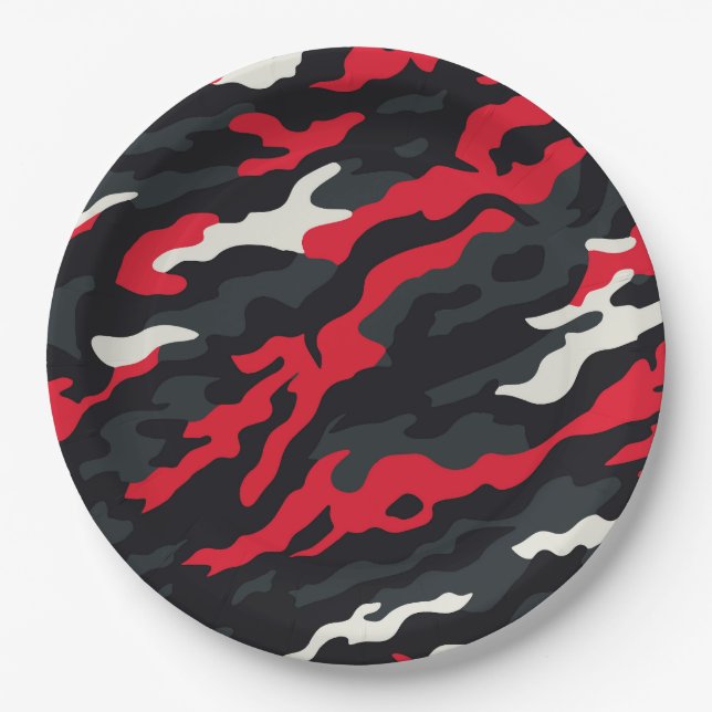 Red Black Grey White Camouflage Camo Pattern Paper Plate (Front)