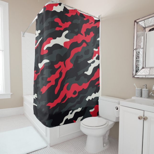 Red Black Grey White Camouflage Camo Pattern Shower Curtain (In Situ)
