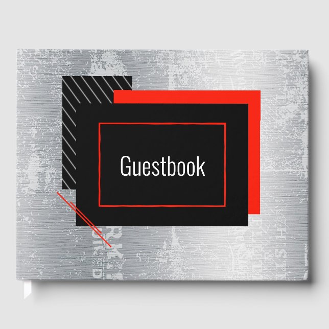 Red, black, grey, white pinstripe guest book (Front)