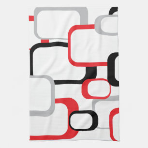 Red Black Grey White Squares Pattern Retro Tea Towel