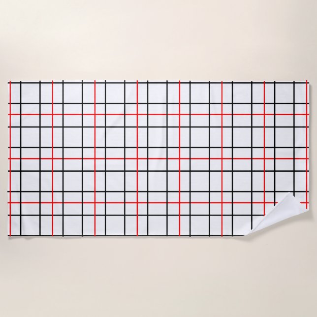 Red Black Grid Lines Plaid Design  Beach Towel (Front)