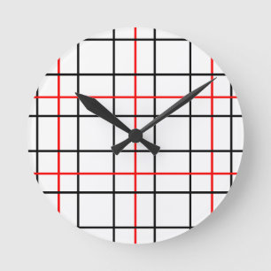 Red Black Grid Lines Plaid Design Round Clock