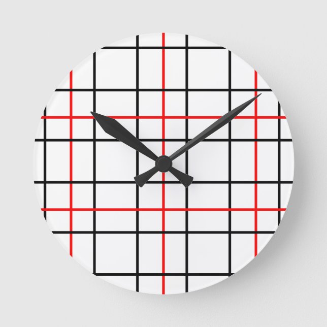 Red Black Grid Lines Plaid Design  Round Clock (Front)