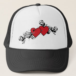 Red black grunge hearts tattoo style hat