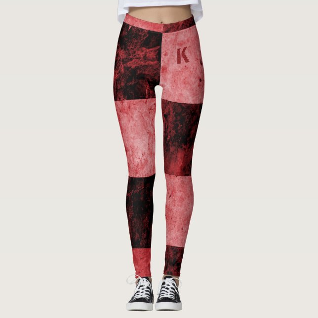 Red Black Grunge Tiles Monogram Personalised Leggings (Front)