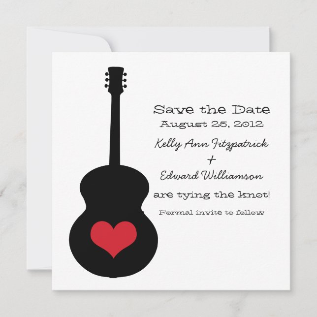 Red/Black Guitar Heart Save the Date Invite (Front)