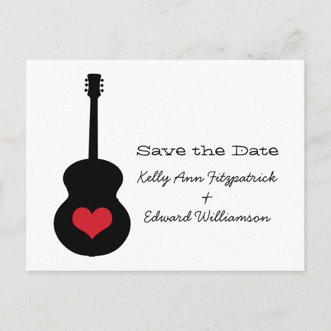 Red/Black Guitar Heart Save the Date Postcard (Front)