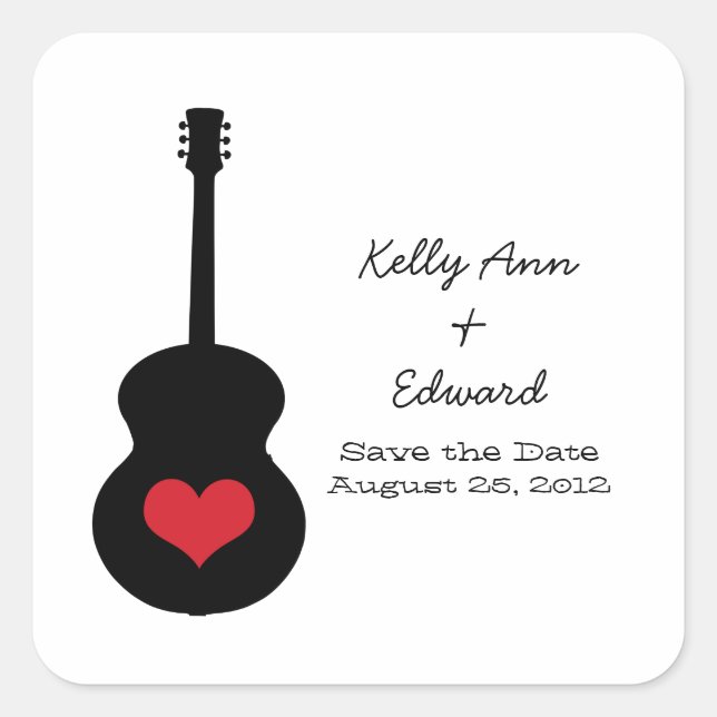 Red/Black Guitar Heart Save the Date Stickers (Front)