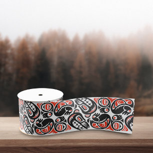 Red Black Haida Bear Symbol Native Pride Pattern Grosgrain Ribbon