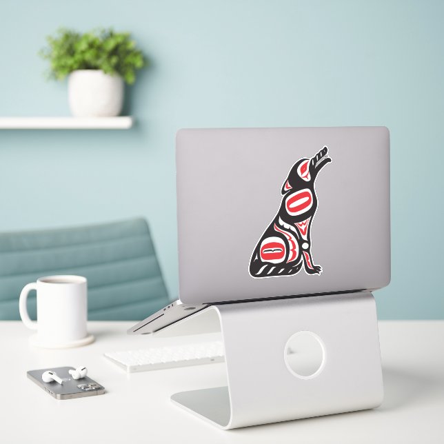 Red & Black Haida Wolf Abstract Spirit Animal Art (Laptop On Desk)