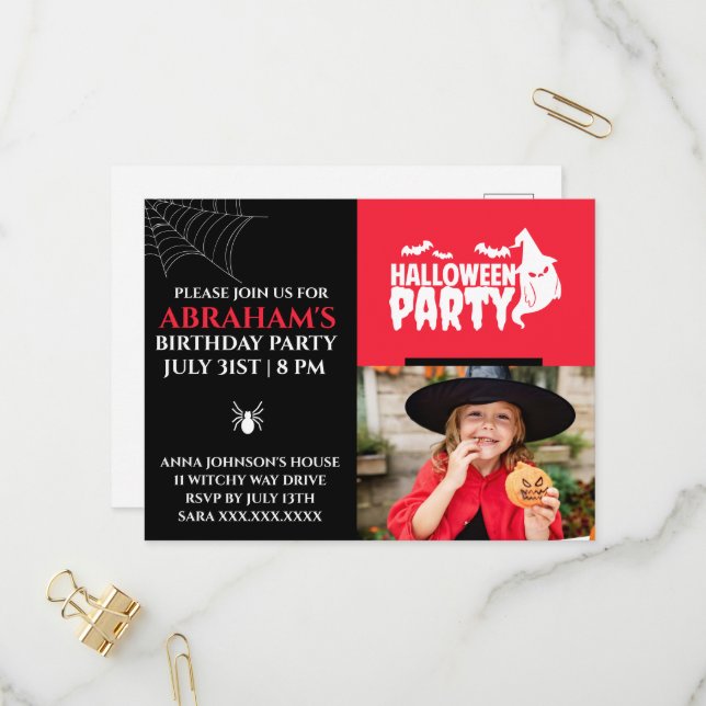 Red & Black Halloween Birthday Party  Invitation Postcard (Front/Back In Situ)