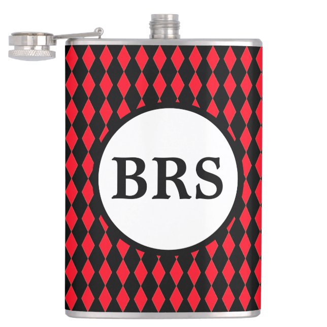 Red & Black Harlequin Customizable Monogram Hip Flask (Opened)