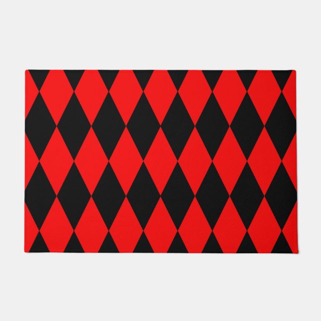 Red Black Harlequin Diamonds Checkers Design  Doormat (Front)