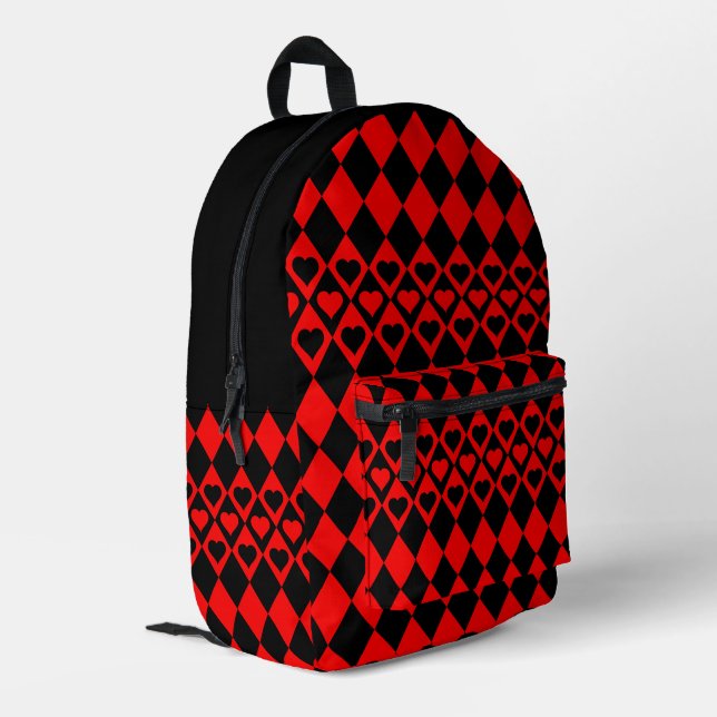 Red & Black Harlequin with Hearts  Printed Backpack (Back Corner Left)