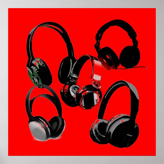 Red Black Headphone Silhouettes Pop Art Poster (Front)