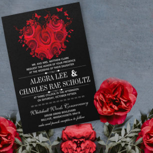 Red & Black Heart Roses Butterfly Weddings Invitation