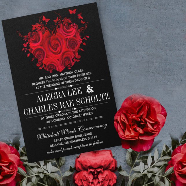 Red & Black Heart Roses Butterfly Weddings Invitation (Creator Uploaded)