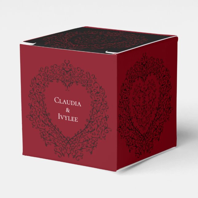 Red Black Heart Swirls Gothic Wedding Favour Box (Front Side)