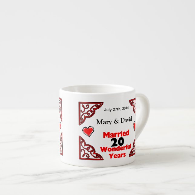 Red Black Hearts Names & Date 20 Yr Anniversary Espresso Cup (Front Right)