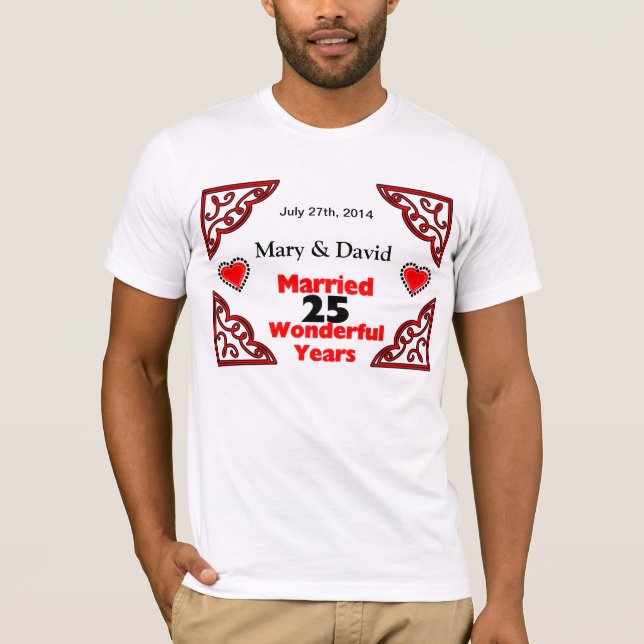 Red Black Hearts Names & Date 25 Yr Anniversary T-Shirt (Front)