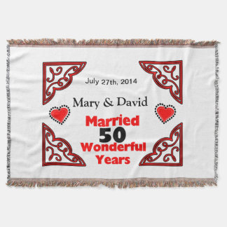Red Black Hearts Names & Date 50 Yr Anniversary Throw Blanket