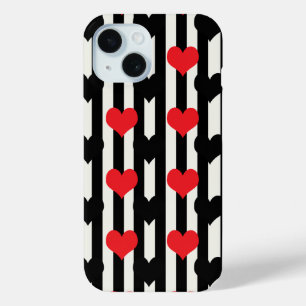 Red Black Hearts On Black White Stripes iPhone 15 Case