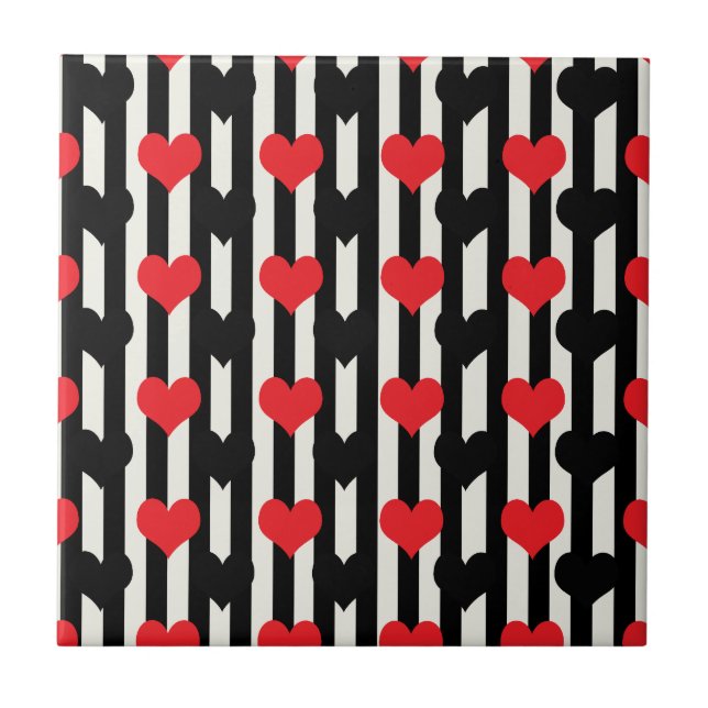 Red Black Hearts On Black White Stripes Ceramic Tile (Front)
