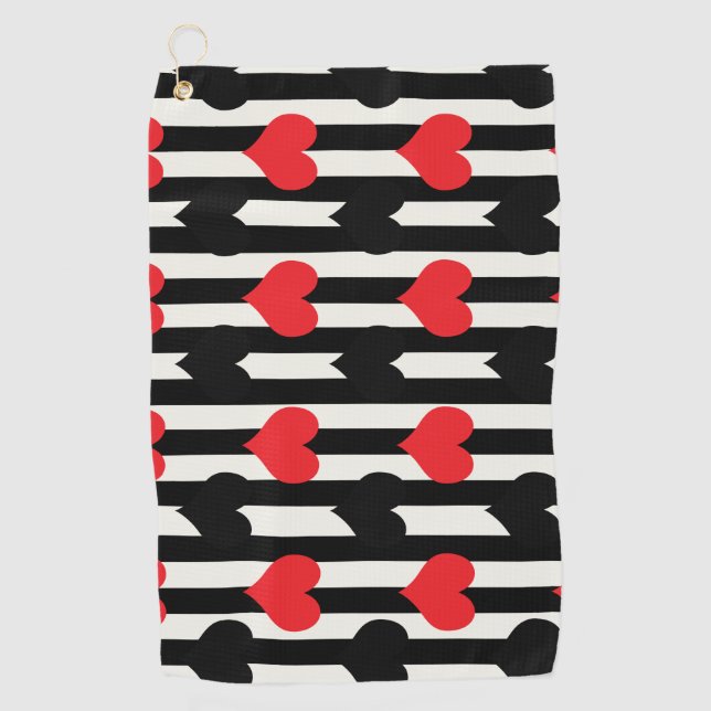 Red Black Hearts On Black White Stripes Golf Towel (Front)