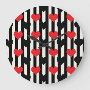 Red Black Hearts On Black White Stripes Large Clock