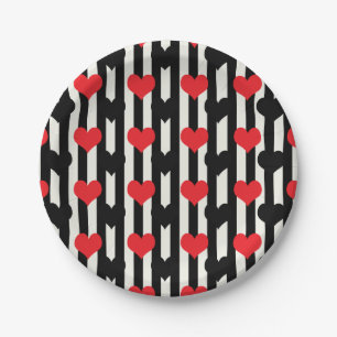 Red Black Hearts On Black White Stripes Paper Plate