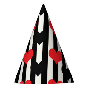 Red Black Hearts On Black White Stripes Party Hat