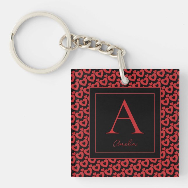 Red & Black Hearts Personalised Monogram  Key Ring (Front)