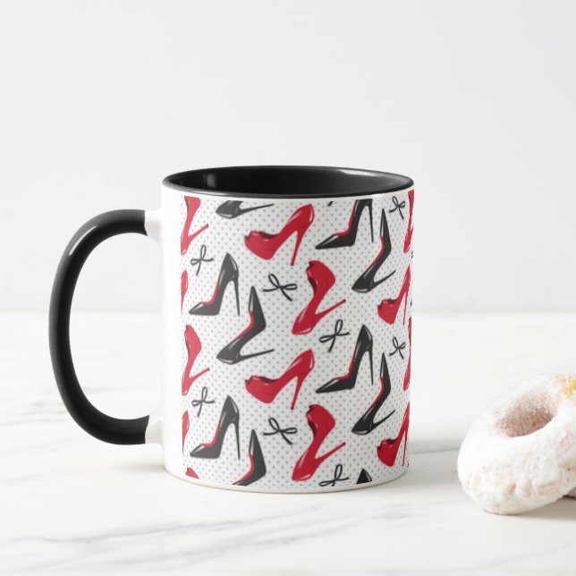 Red Black High Heels Black Bows Pattern Design Mug (With Donut)