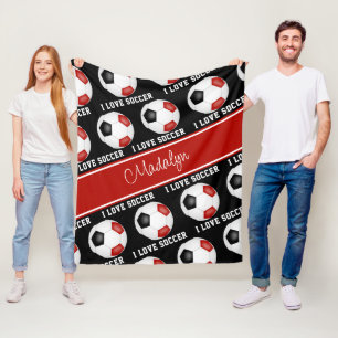 red black I love soccer text pattern Fleece Blanket