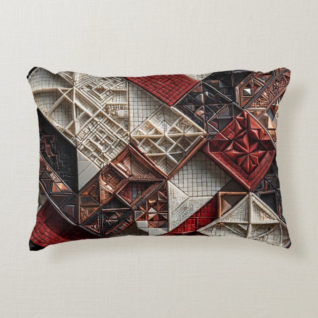 Red Black Ivory Micro Mosaic 3D Geometric Decorative Cushion (Front)