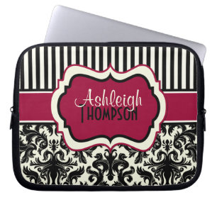 Red Black Ivory Striped Damask Laptop Sleeve