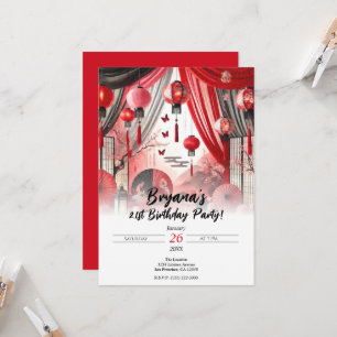Red & Black Japanese Lanterns Birthday Party Invitation