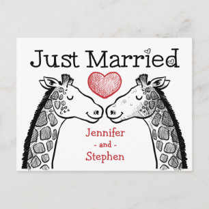 Red & Black Just Married Giraffe Love Wedding Announcement Postcard