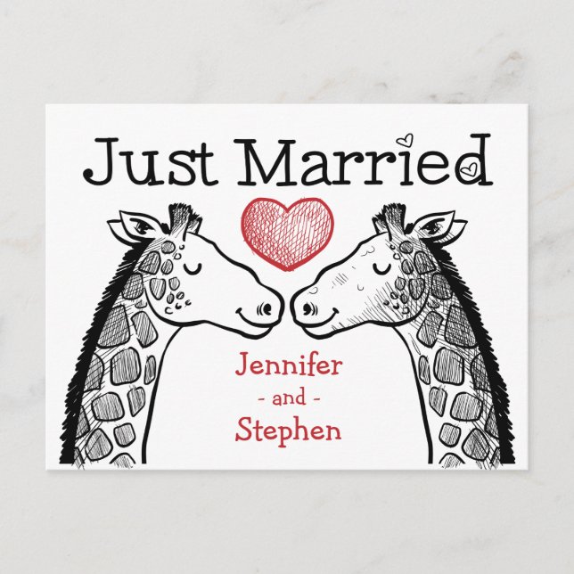 Red & Black Just Married Giraffe Love Wedding Announcement Postcard (Front)